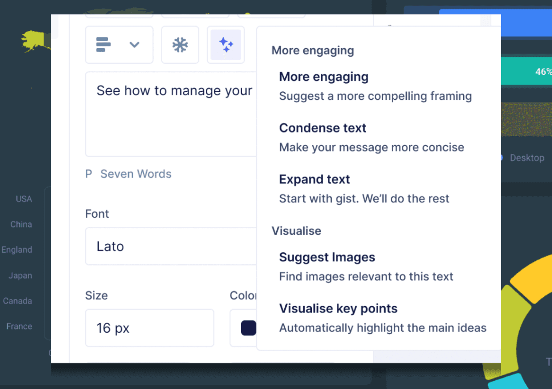 The StoryScale Demo Assistant AI. UX image showing the AI content generation options.