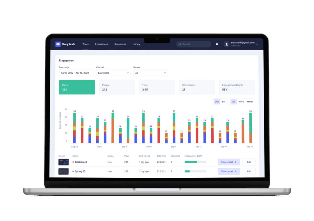StoryScale interactive demo platform with insights demo analytics UI